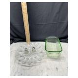 Glass Relish Dish and Green Loaf Pan