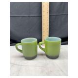 Two Anchor Hocking Fire King Green Coffee Mugs