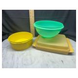 Tupperware Yellow and Green Plastic Bowls and Square egg carrier