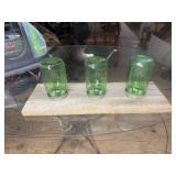 Green Glass Jar Wood Plank Display
