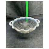 Opalescent Moonstone Glass Hobnail Bowl with Handles