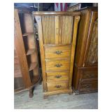 Oak Tall Storage Cabinet with Tambour Doors and Four Drawers