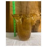 Amber Art Glass Vase with Ruffled Rim