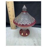 cranberry diamond point candy dish with lid