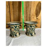 Pair of chinoiserie Green and Gold Ceramic Cachepots