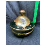 Hand decorated Czech bohemian green glass powder dish