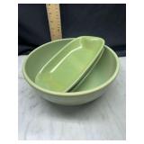 Green pottery Bowl and Tray Set