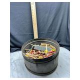 Metal Container with Assorted Wooden Tinker  Toys and Papers