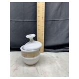 Milk Glass Covered Jar with Gold Gilt Scrollwork