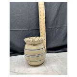 Signed R. Potter Stoneware Crock Vase Blue Stripe Ruffled Rim