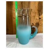 Midcentury Blendo Blue Frosted Glass Pitcher with Gold Band