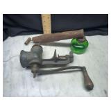 Cast Iron Food Grinder with Wooden Handle and Oil Can