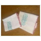 Embroidered pillowcases set teal floral  with Pink Lace Border