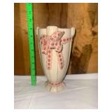Ceramic Vase with Applied Fabric Bow and Ribbed Design