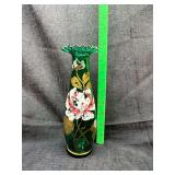 Hand painted green art glass vase