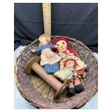 Cloth Dolls and Wooden Spool in Basket