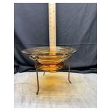 Amber Glass Bowl on Metal Stand