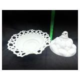 Milk Glass chick on Nest Covered Dish Pat Aug 6 1889 with mismatched open lace base