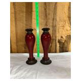 Pair of Red  Candlesticks with Metal Trim