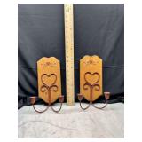 Pair of Wooden Wall Sconces with Heart Metal Accents
