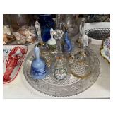 8 glass and porcelain bells on tiara glass platter