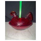 Vintage Ruby red hen on nest cadmium glass glows under black light