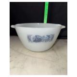 Currier and Ives Glasbake blue train locomotive milk glass mixing bowl