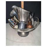 Silver plate creamer, smoke glass butter pat, vintage cigarette lighter and other vintage items in bowl
