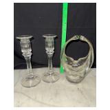 Art glass basket and crystal candle stick holders