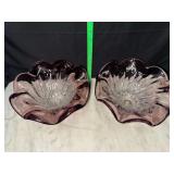 Pair of heavy art glass murano style amethyst and clear centerpiece bowls