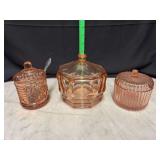 Pink glass candy dishes and jelly jar