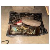 Assorted Brass Plumbing Fittings and Grinding Stone in Crate
