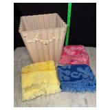 Vintage Shell punk plastic waste basket and 3 vintage hand towels