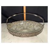 Queen Anne divided dish in silver plate basket stand