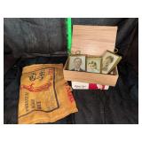 Vintage portraits in cigar box, burlap rice bag