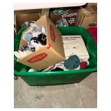 Plastic Storage Bin with Dolls, Boxed Collectible Plates, and Plush Items