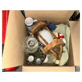 Box of Assorted Household Goods, Glassware, and Lamp