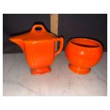 Fiesta red marmalade jar and homer Laughlin riviera syrup pitcher