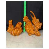 Pair of amber drip glaze ceramic chickens