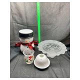 Assorted Holiday Decor Grouping Including Snowman Figurine and Glass Cake Stand