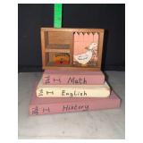 1980s country folk art wooden schoolbooks and goose house