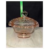 Pink glass candy stand with lace edge