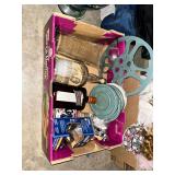 Box Lot with Glassware, Film Reel, and Hardware