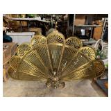 Vintage brass folding peacock fan fireplace screen with gargoyle