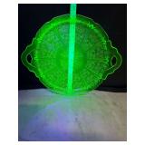 Vaseline glass serving tray or cake plate