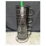 Rae Dunn coffe mug set in stand