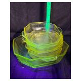 1930s princess yellow Vaseline glass art deco berry bowl set and green Vaseline Doric dessert plate