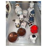 6 pair vintage salt and pepper shakers- lighthouses, panda, dalmation, baker couple- whiskey jugs