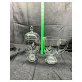 Clear Glass Etched Floral Pattern Covered Jar and Creamer Pitcher Set