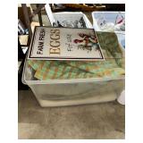 Farm Fresh Eggs Sign and Plastic Storage Bin with Linens